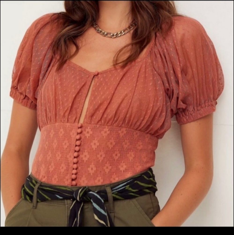 Free People Rust Puff Sleeve Top